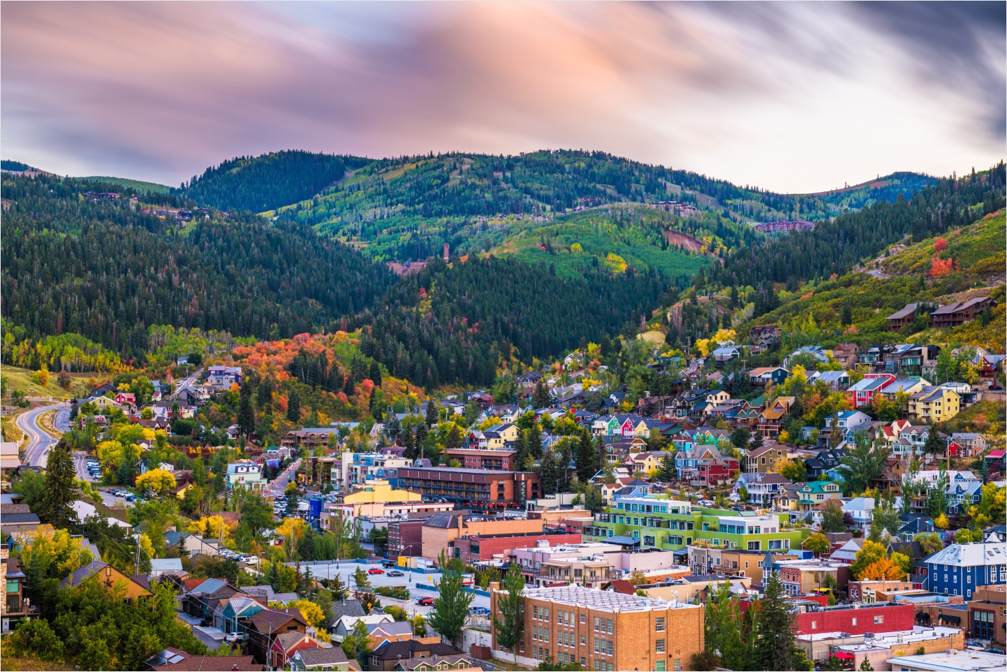 Park City Old Town in autumn with fall foliage and mountain views
